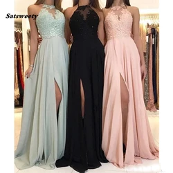 New Elegant Halter Chiffon Long Bridesmaid Dresses Lace Applique Split Wedding Guest Dress Maid Of Honor Dresses