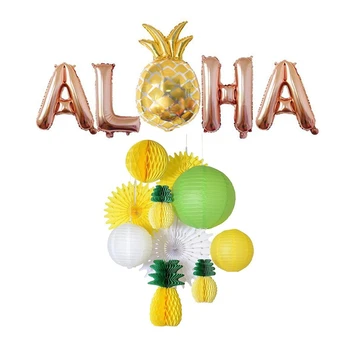 

1set Pineapple Foil Balloons Balloon 16 Inch Rose Gold, Gold & 10Pcs Pineapple Honeycomb Ball Paper Lantern Fans
