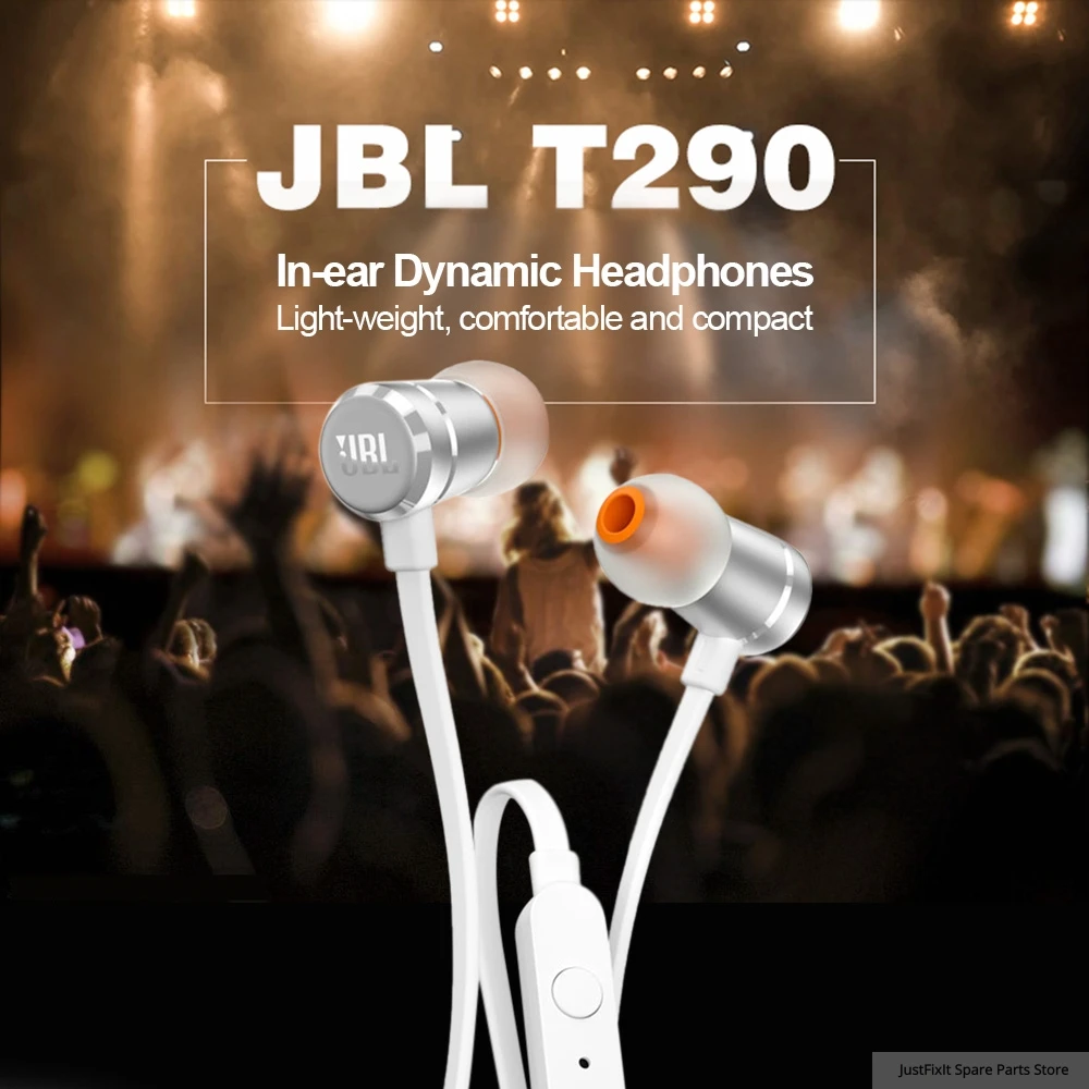 JBL T290 Wired Stereo Earphone Sport Pure Bass Headset TUNE 290 1 Button Remote Earbuds Hands free Call with Mic for Smartphones