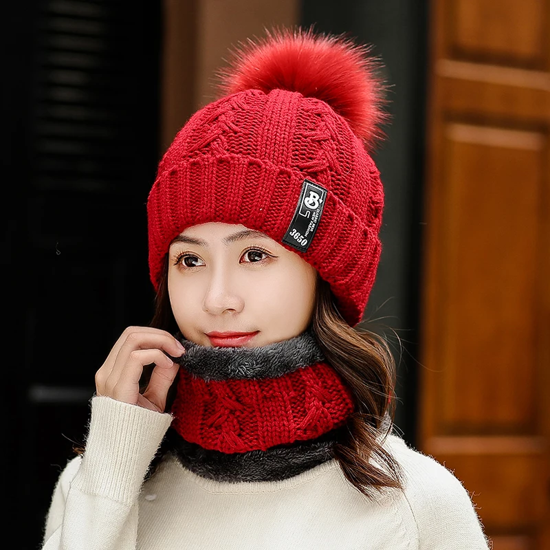 Лыжная Шапка, утолщенные теплые женские вязанные шарф и шапка, комплект из 2 предметов, шерстяная бархатная подкладка, шапки с помпоном, шапки бини, женская шапка, зимняя шапка - Цвет: Red