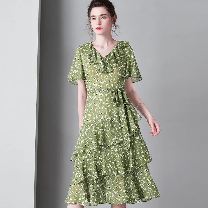 Groene Ruche Chiffon Bloemen Jurken Vrouwen Natuurlijke 2020 Zomer Merk Lange Casual Sexy Kantoor Werk Strand Jurk Plus Size Dropship