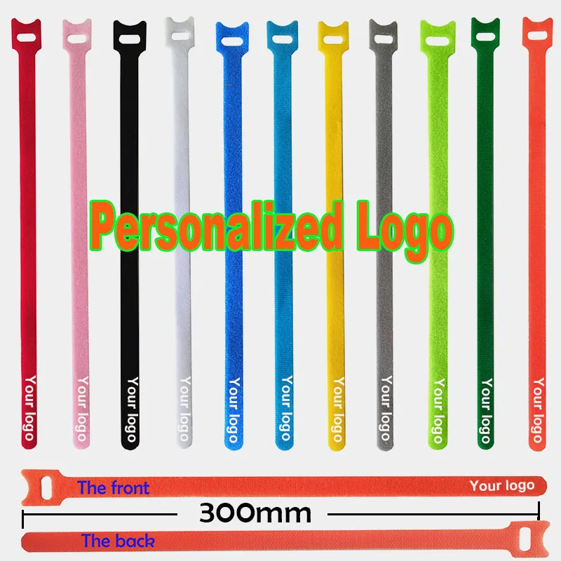 

100pcs/lot 300mm Personalized logo cable ties Adhesive Fastener Tape Hook Loop stick bulcker Belt Bundle Wire Line Strap cord