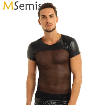 

Mens T-Shirt Tops Faux Leather Tops T-Shirt for Men Short Sleeve V-neck Splice T-Shirt Tops for Clubwear Daily Wear