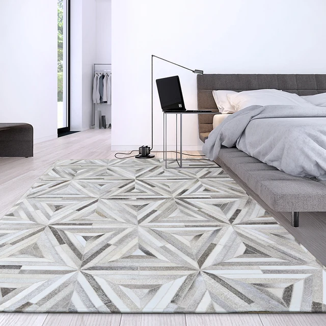 Nordi style luxury cowhide seamed patchwork rug natural cow skin gray triangles carpet for living room bedroom decoration mat 1