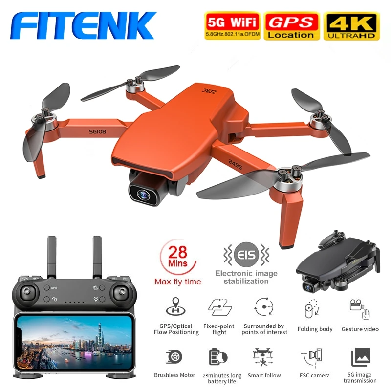 

FITENK SG108 GPS Drone with 5G WiFi FPV 4K Dual HD Camera Professional Brushless Foldable RC Quadcopter Follow Me Mini Dron L108