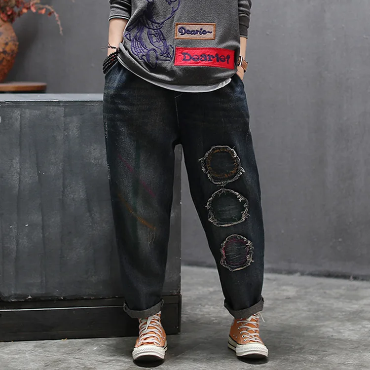 

Patchwork Denim Jeans Women Autumn Ripped Bleached Scratched Vintage Casual Elastic Waist Loose Harem Pants Female Wild Tide