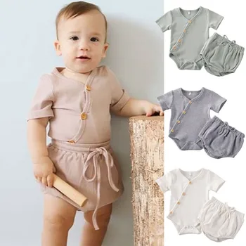 

2PCS Newborn Infant Baby Girls Boys Solid Romper Tops Bow Shorts Outfits Set Baby Girl Boy Children Clothes Summer Clothing 2020