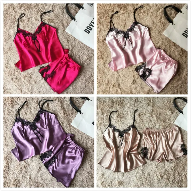 2 шт. женские пикантные атласные шелковые пижамы набор нижнее белье Babydoll ночная