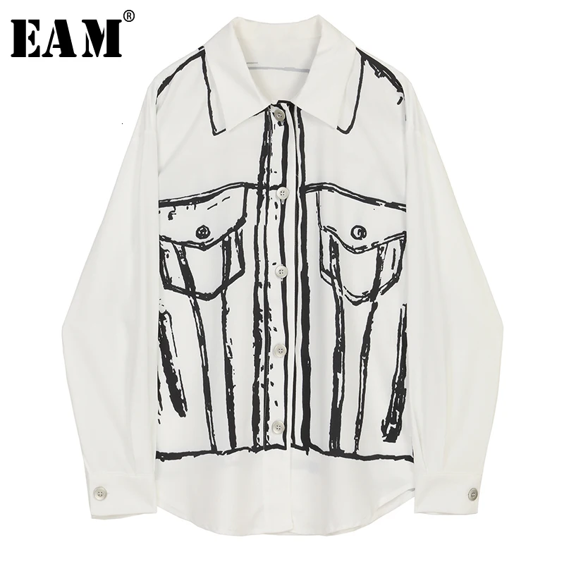 [EAM] Женская блузка контрастного цвета с белым рисунком новая рубашка свободного кроя с отворотом и длинным рукавом модная весенняя Осенняя 1K612