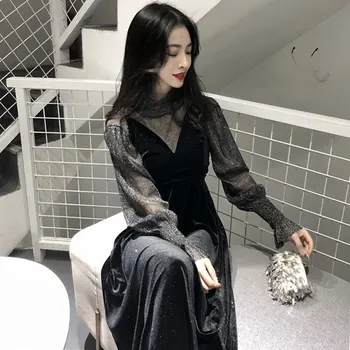 

2020 New Style Black and White with Pattern Elegant Lace Dress Female Waist Hugging Sexy Slimming Base Long Skirts Strapped Dres