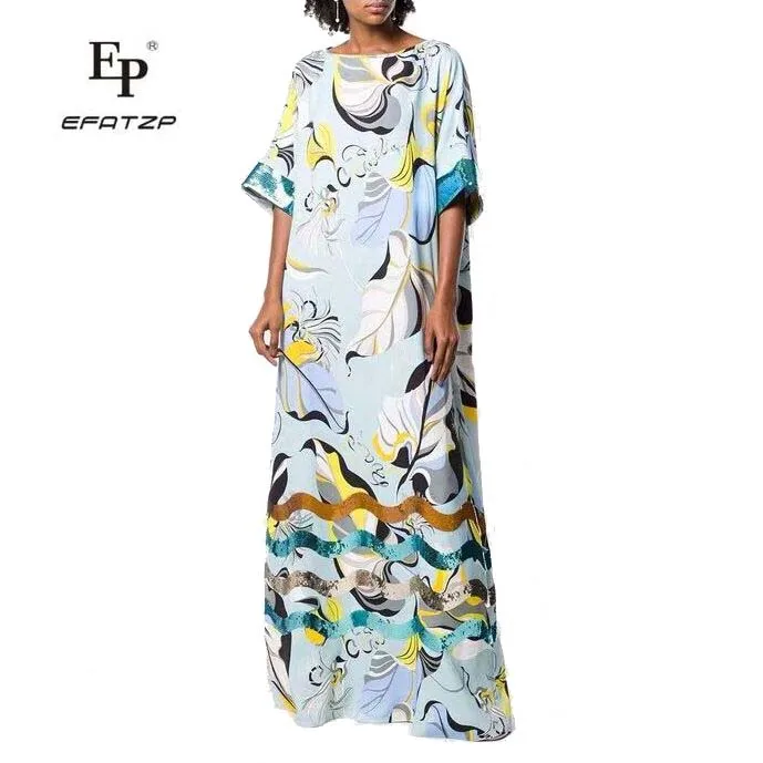 

EFATZP Women's Bohemian Beach Loose Size Elongated Printed Elastic Knitted Dresses