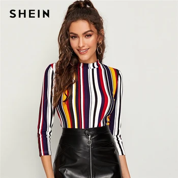 SHEIN Женская Полосатая футболка с длинным рукавом, элегантная Офисная Женская футболка с длинным рукавом