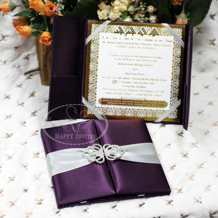 HI2003-103 Custom Dark Purple Silk Folder Wedding Invitation with Gold Foiling Printing Made in China More Colors Available Factory Price