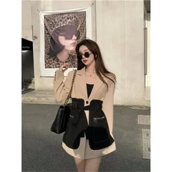 2021 Color Contrast Stitching Suit Jacket Women Tie Waist Slimming Suit Autumn Design Sense Niche Temperament Fashion Top M193 2021 Color Contrast Stitching Suit Jacket Women Tie Waist Slimming Suit Autumn Design Sense Niche Temperament Fashion Top M193