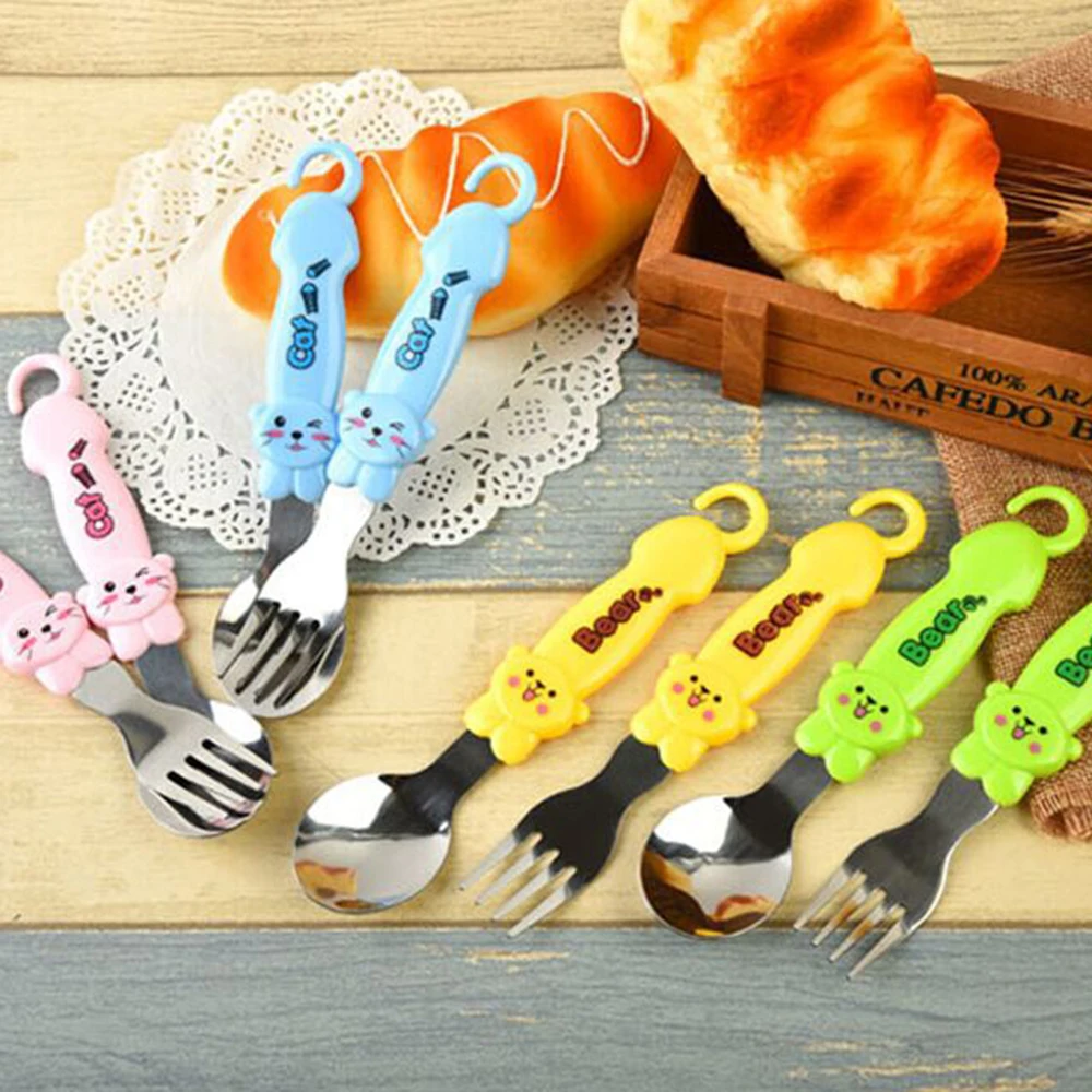 Two-piece Plastic Stainless Steel Cutlery Cartoon Children's Tableware Creative Spoon and Fork | Дом и сад