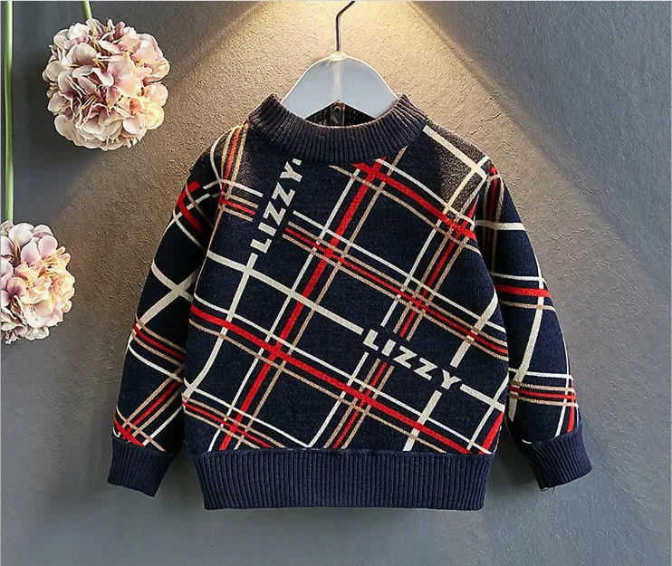 Boys' Sweater Autumn And Winter New Style Korean-style jia rong Sweater Square Lines Pullover Base Shirt Sweater
