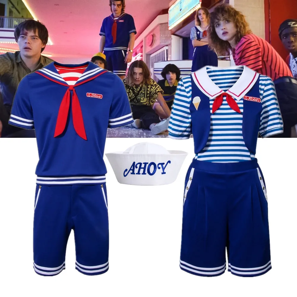

For Stranger Things Steve Robin Scoops Ahoy Halloween Costume Adults Children Sailor Suit Shirt Vest Shorts Uniform