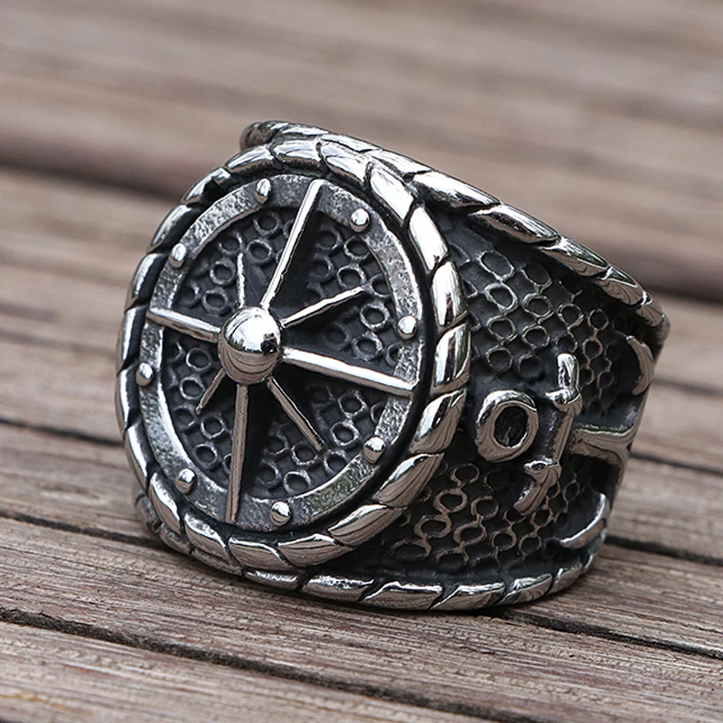 Cool Viking Pirate Compass Ring Nordic Stainless Steel Locomotive Anchor Ring Men's Retro Sailor Amulet Jewelry Wholesale