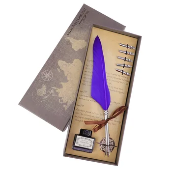 

1 Set Retro Feather Pen Classic Beautiful Feather Decor Pen Gift with A Box of Ink for Office Store (Royalblue)