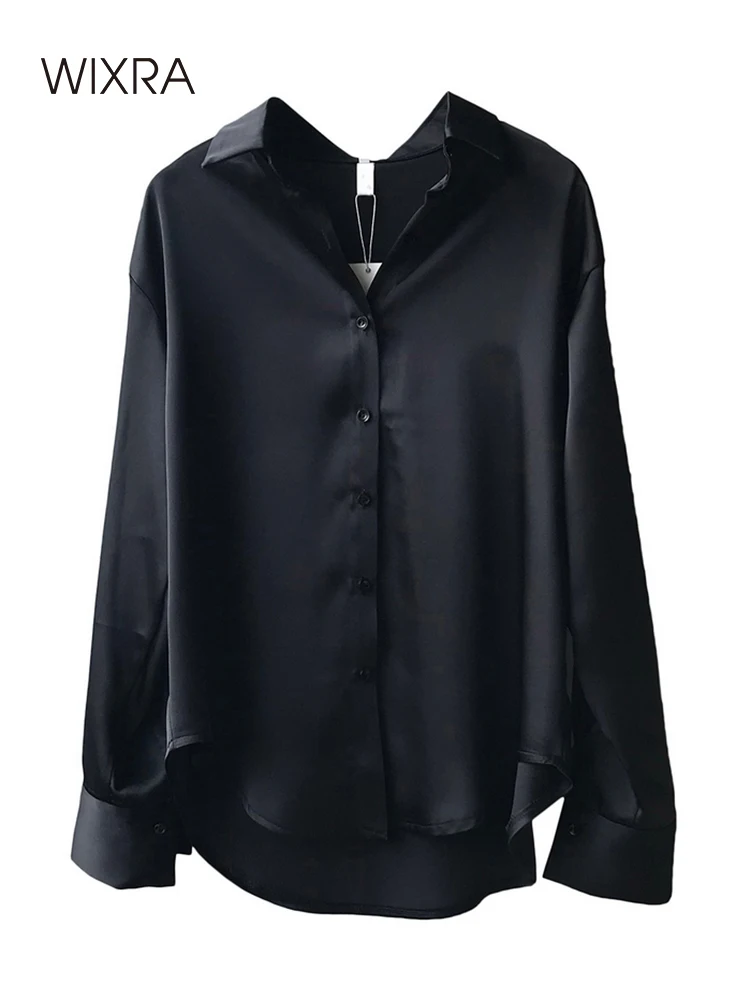 

Wixra Women's Solid Blouses Elegant Stylish Satin Tops Turn-Down Collar Long Sleeve Shirts For Summer