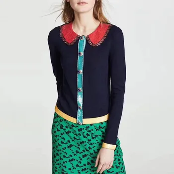 

Luxury Women Sequins Cardigan Femme 2019 Autumn Runway Designer Peter Pan Collar Diamonds Button Casual Knitted Sweater Women