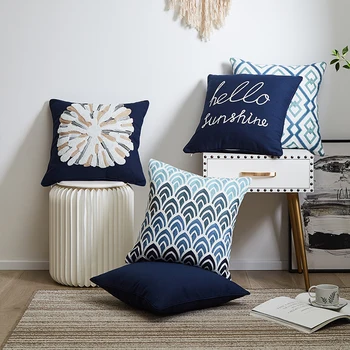 

Navy Blue Embroidered Cushion Cover Geometric Canvas Cotton Square Embroidery Pillow Cover 45x45cm Decorative PillowCae