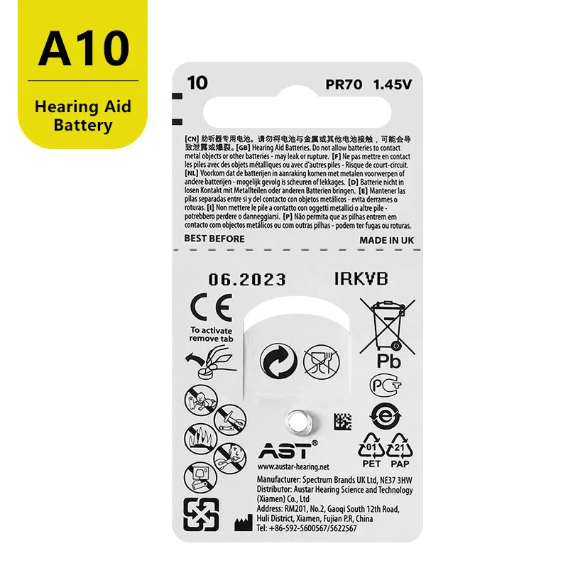 Высококачественные батареи для слуховых аппаратов AST A10 10A ZA10 10 S10 PR70 60 шт. цинковая