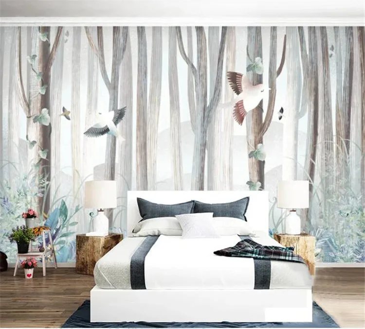 3D обои современный простой Лес Дерево Птицы Животные фрески гостиная мультфильм спальня фон настенная живопись Papel де Parede