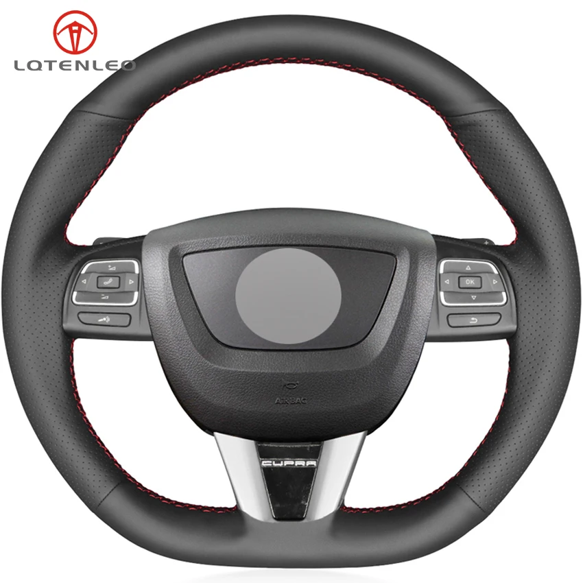 

LQTENLEO Black Genuine Leather Steering Wheel Cover For Seat Leon Altea Leon Cupra 2008-2012 Toledo 2012-2014 Alhambra 2010-2015