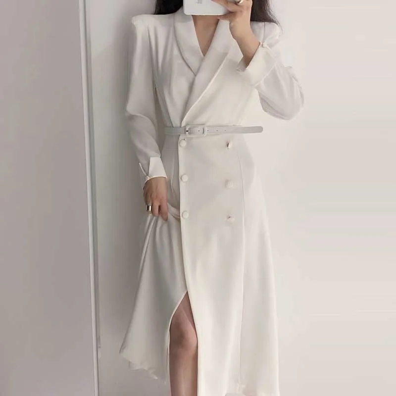 Korea One-Piece Chic Dress Women 2020 Spring Autumn Vintage Elegant Lapel Double-Breasted Lace-Up Waist Dresses For Female Dress