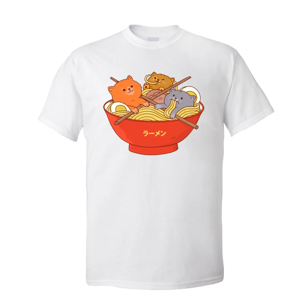 Ramen Noodles & Cats Maglietta Da Uomo Firmata Girocollo T-Shirt In Cotone 100% Stile Giapponese Maglietta Divertente A Maniche Corte