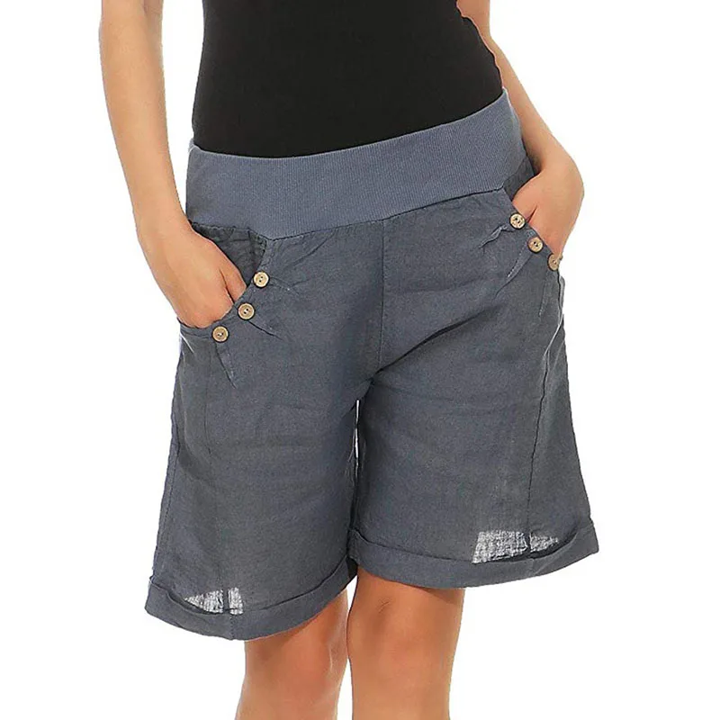 Women Shorts Knee Length Holiday Elastic Waist Pocket Button Home Baggy Casual Solid Color Ladies Summer High Quality | Женская одежда