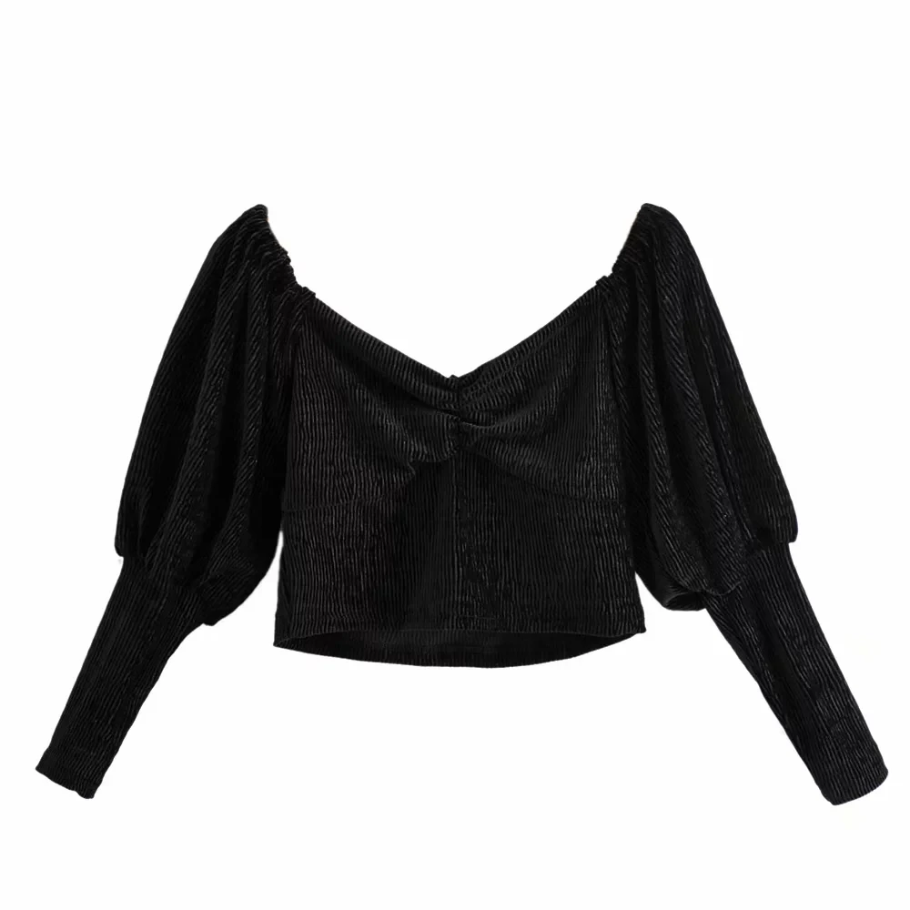 black Черные женские бархатные Короткие топы Модные женские винтажные сексуальные топы Осень-зима шикарная Одежда для девочек - Цвет: black