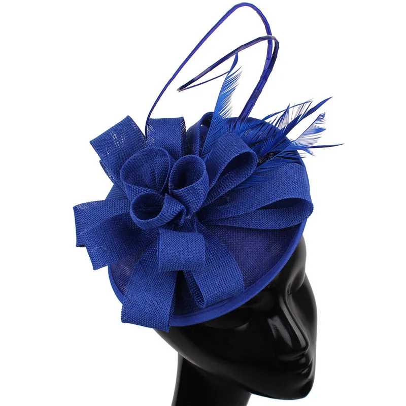 Имитация sinamay шикарные вечерние чай шляп головные уборы аксессуары Fascinator элегантные женские волосы для свадьбы из страусиных перьев chapeau - Цвет: royal bule
