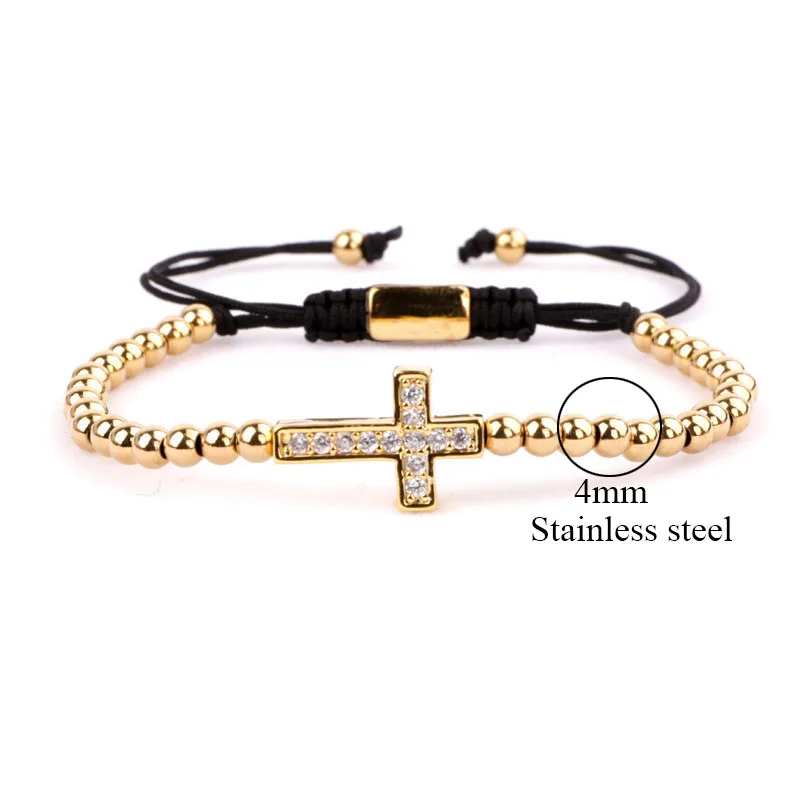 Fashion classic design small stainless steel beads CZ cross charm braided adjustable bracelet - Image 2
