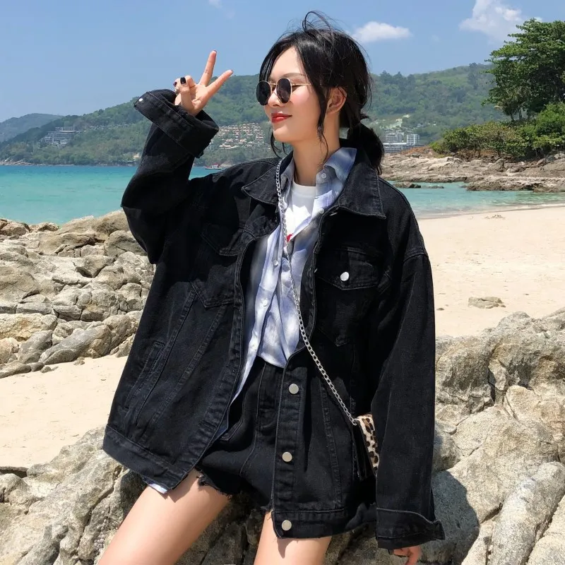 

2020 Spring And Autumn New Style Black And White with Pattern Jeans Coat Women's Loose-Fit Korean-style Students Hong Kong Style