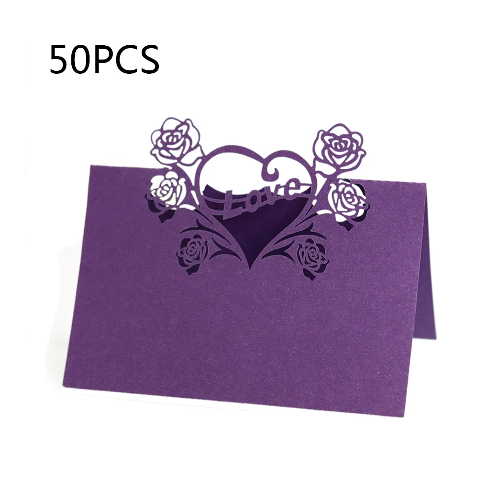 Purple 0 Pcs Birthday Party Decor Place Cards Laser Cut Hollow Pattern Heart Shape Wedding Event Table Name Card Flower Decoupage - Цвет: Purple