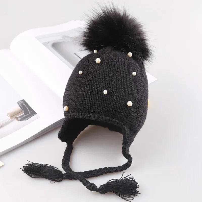 Коллекция года, зимняя теплая хлопковая Вязаная Шапка-бини с жемчужинами для маленьких детей, вязаная шапка для девочек