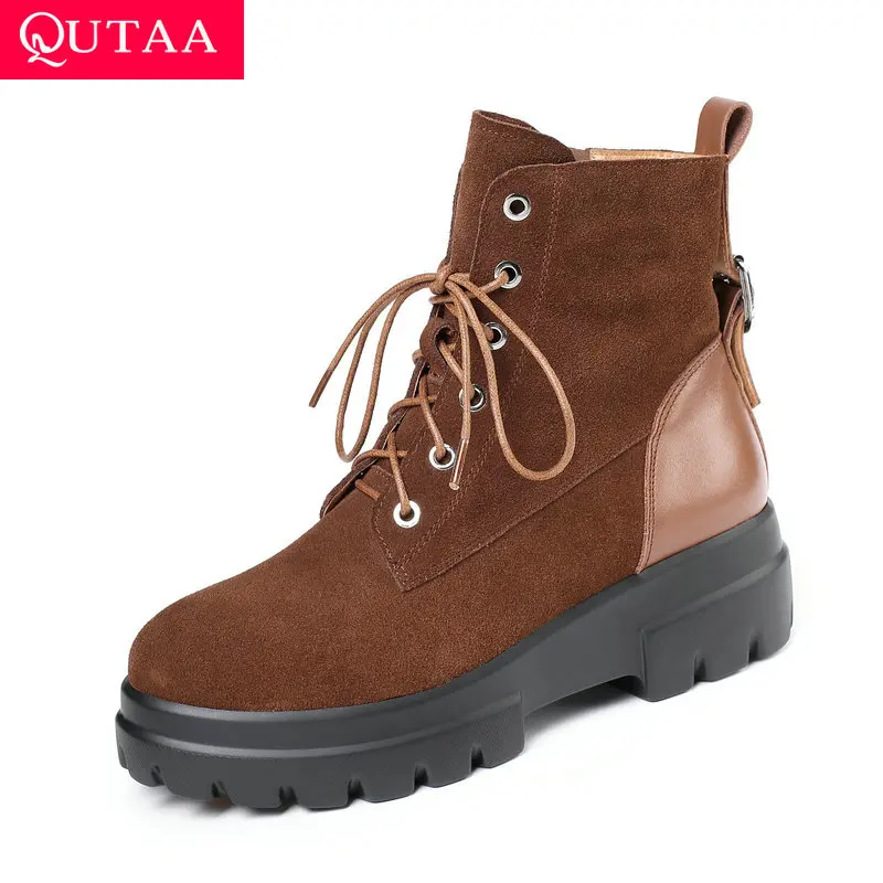 

QUTAA 2020 Square Med Heel Women Shoes Zipper Suede+PU Lace Up Winter Motorcycle Casual Ankle Boots Big Size 34-42