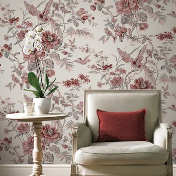 

Chinese wallpaper, bedroom, living room, unwoven wood wallpaper, red wine of birds and flowers
