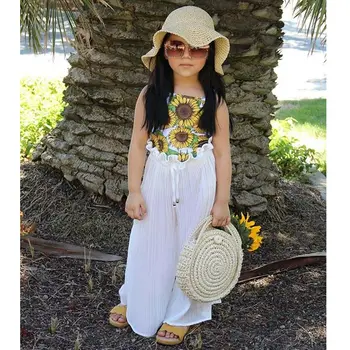 

Cute Toddler Baby Girls Clothes Sunflower Tops+Ruffle Long Pants Summer Outfits 2019 Summer girls set White chiffon tie-up pants