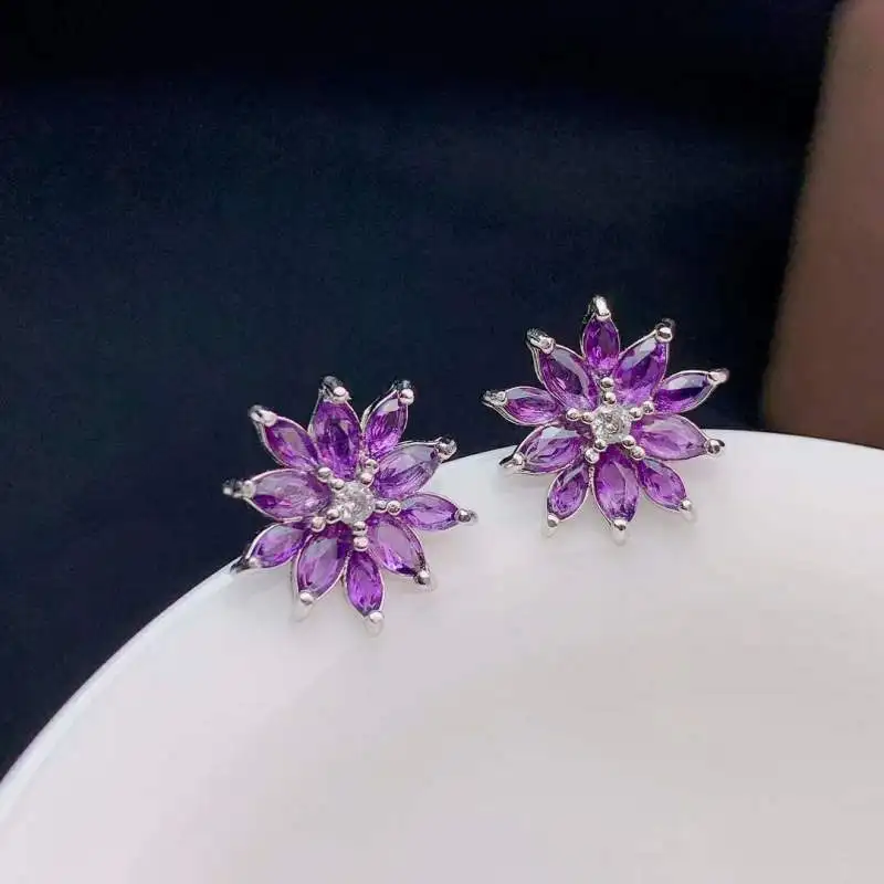 

LANZYO 925 Silver sterling Amethyst Stud Earrings fashion gift jewelry fine party trendy women wholesale 2*4mm e02045511agz