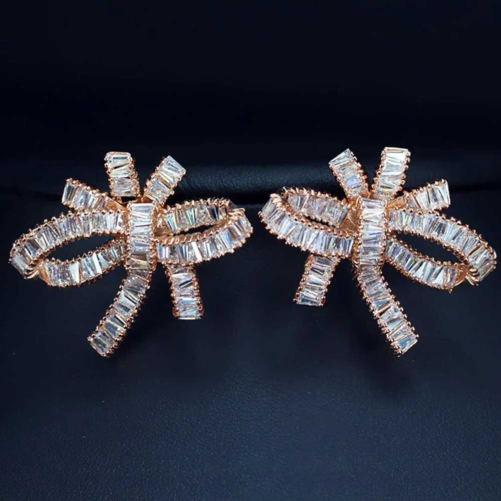 Rose gold ThreeGraces изысканный бант форма кубического циркония кристалл большие геометрические серьги белого золота цвет ювелирные изделия для женщин ER187 - Окраска металла: Rose gold