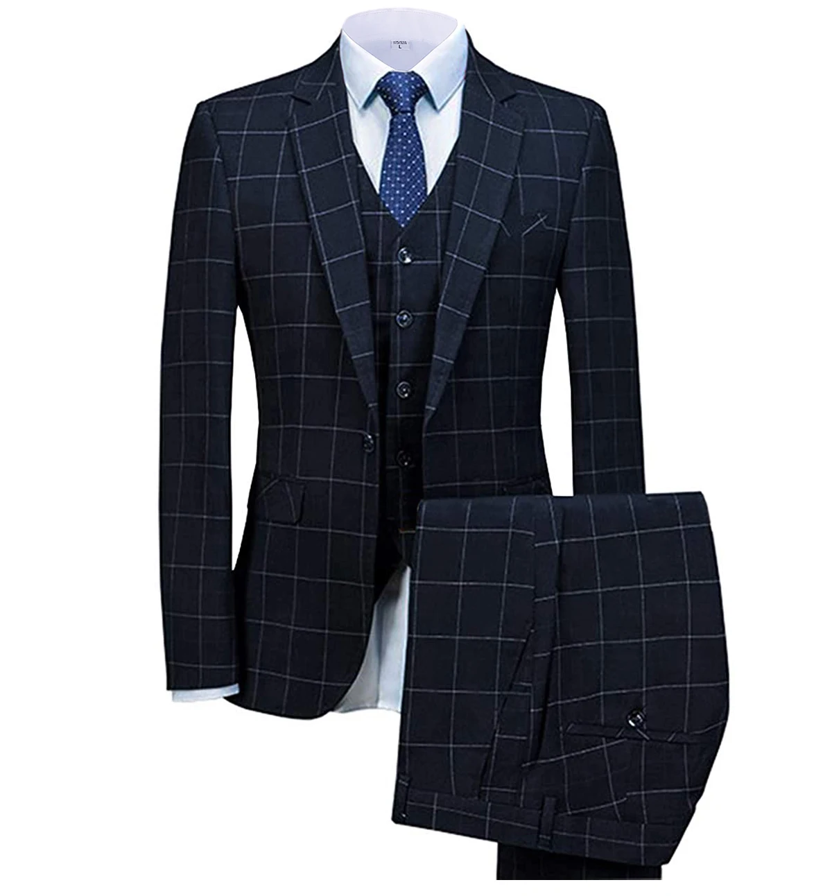 Navy Blue Черный мужской костюм, приталенный, 3 предмета, в клетку, в тонкую полоску, с отворотом, смокинги для женихов, мужские свадебные костюмы, мужские(пиджак+ брюки+ жилет - Цвет: Navy Blue