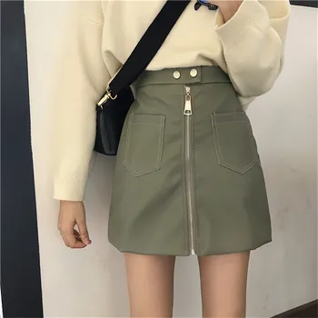 

Solid Women PU Skirt Casual Spring Summer Autumn Lady Bottoms High Waist A Line Zipper Pockets Mini Female Skirts