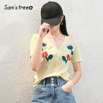 

SAM'S TREE Yellow Floral Embroidery Single Breasted Knitted Women Thin Cardigan Sweater 2020 Summer New Korean Ladies Daily Tops