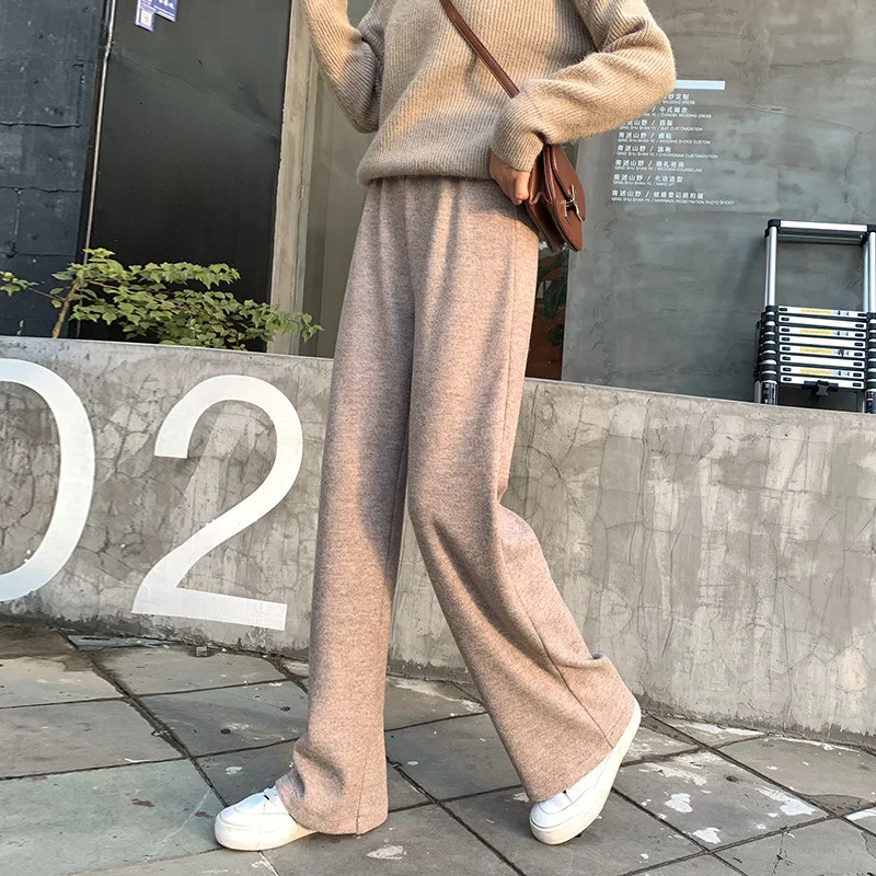 Knitting Wide Leg Pants Women Thickening Elastic High Waist Wool Long Pant Trouser Female Black Gray Casual Loose Bottoms