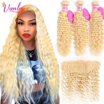 

Vanlov 613 Blonde Bundles With Frontal Brazilian Deep Wave Human Hair Bundles With Closure 13*4 Lace Frontal With Bundles Remy
