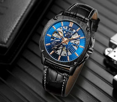 

T-Winner Men Fully Automatic Analog Watch Waterproof Hollow out Genuine Leather Analog Watch MEN'S Watch