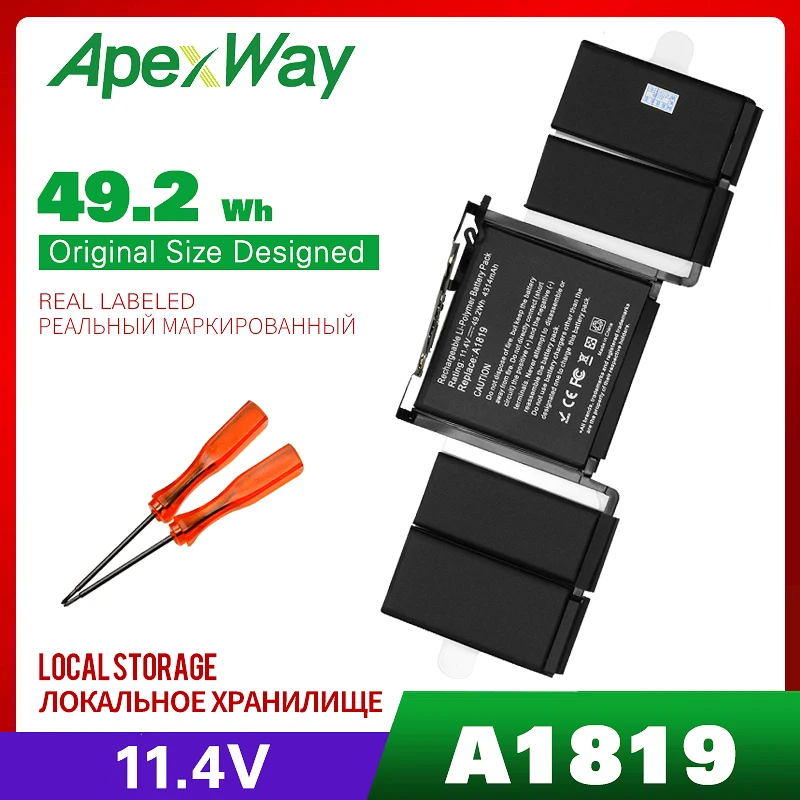 11,4 V 49.2Wh Apexway A1819 Аккумулятор для ноутбука Apple Macbook Pro 13 ''Touch Bar A1706 год с инструментами отвертка батарея